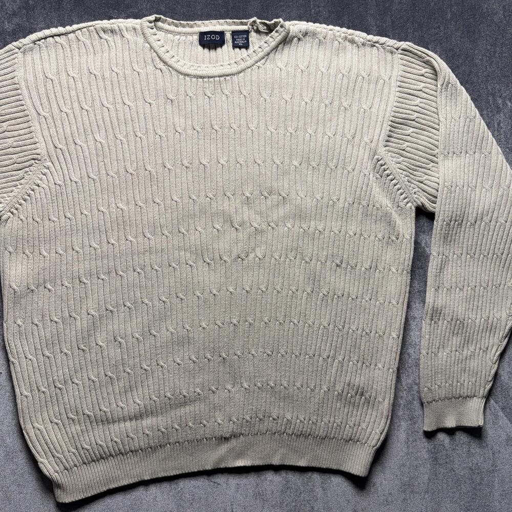 IZOD Sweater Mens XL Beige Cotton Knit Textured Crew Neck Pullover Top